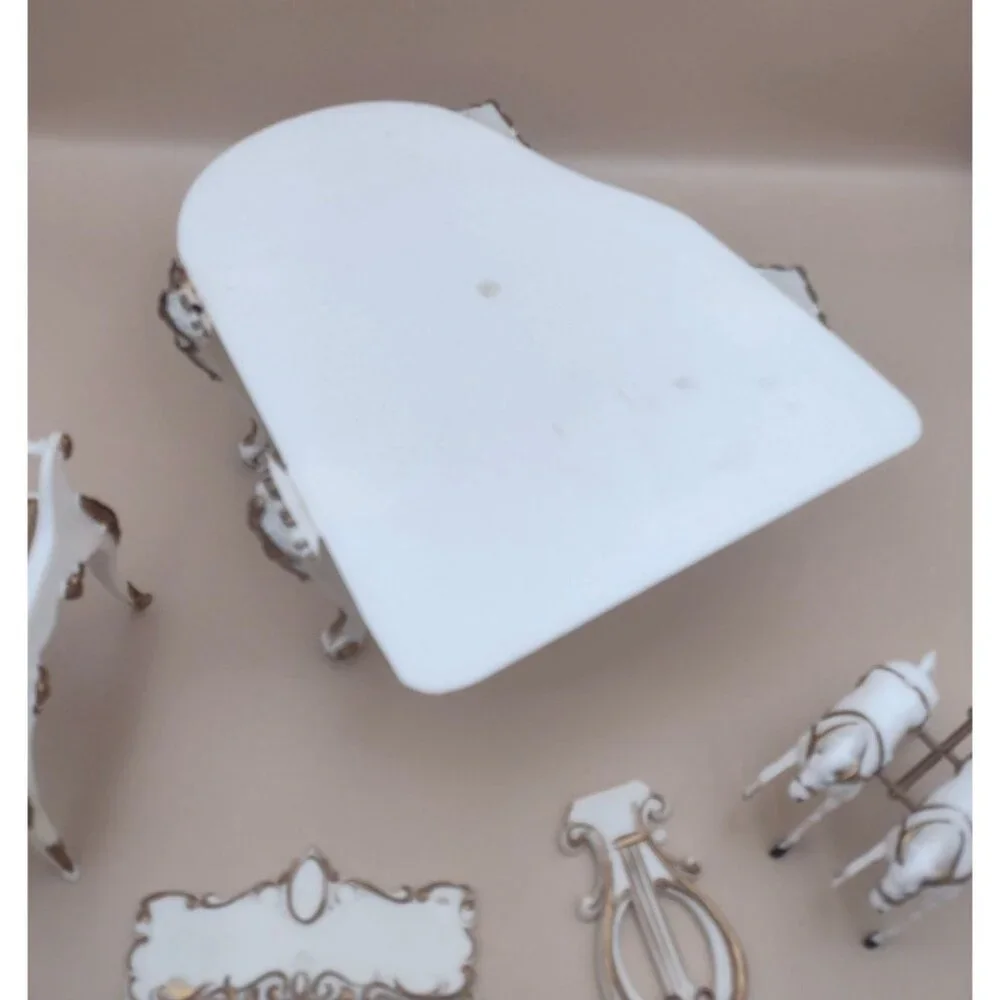 Vintage 1970s White & Gold Grand Piano Cake Decorating Set Candleholder Horses